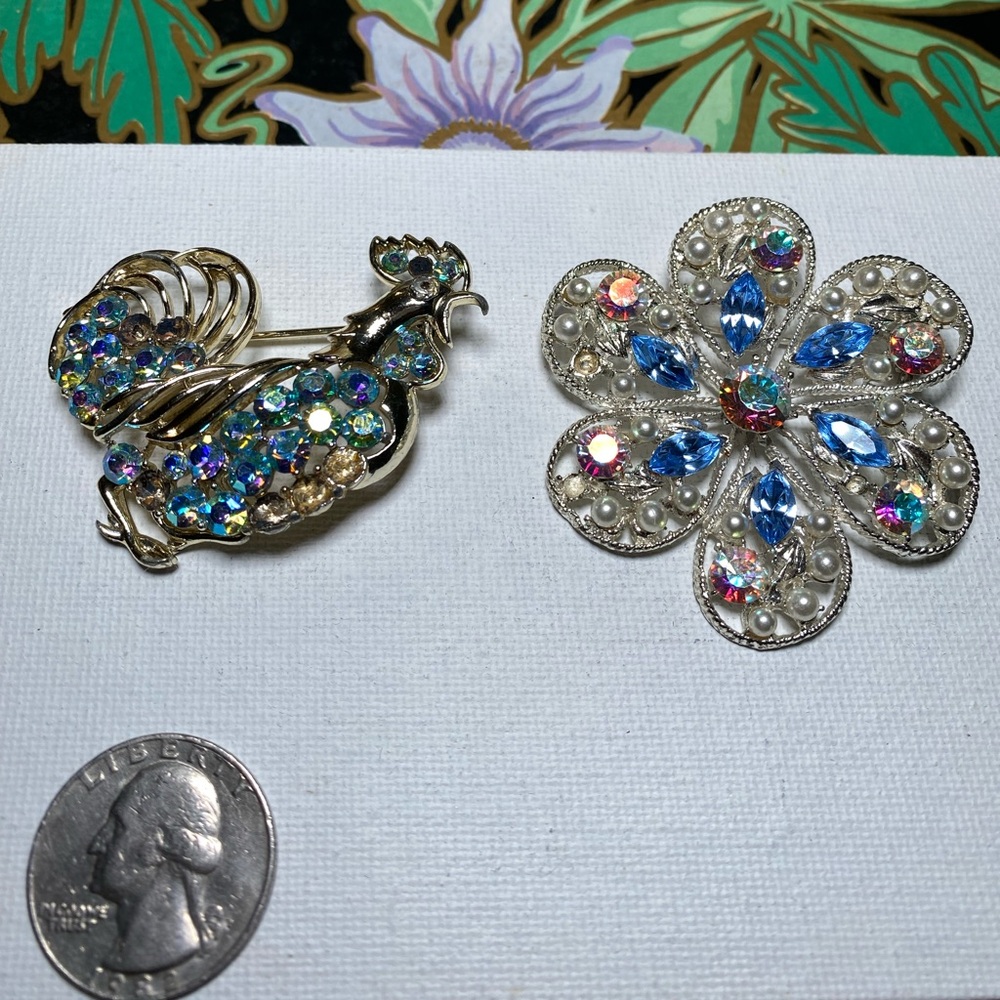 Vintage Rooster and Flower Brooch Set
